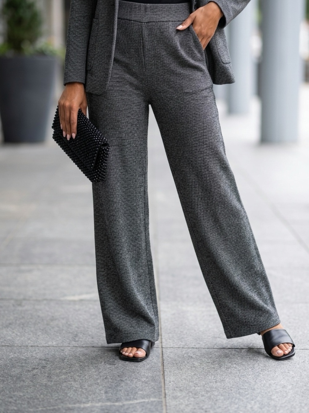 S.C. &CO Women's Wide Leg Dress Pants Gray Textured Pull On Tummy Control size L